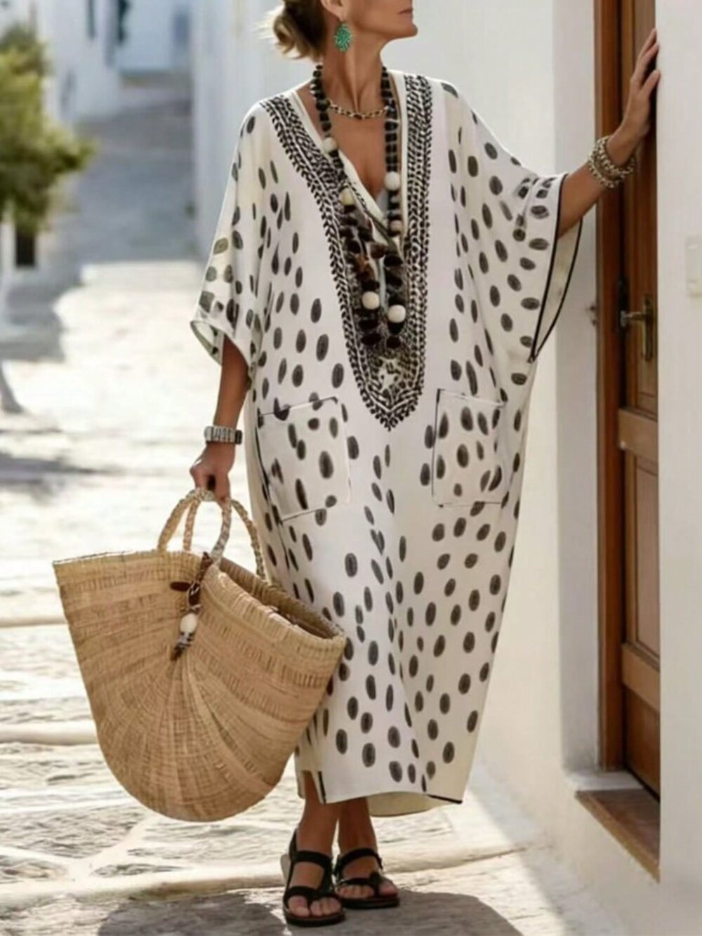 Apricot Boho Women's V-Neck 3/4 Sleeve Print Loose Long Mediterranean Dress - Picture 8 of 8